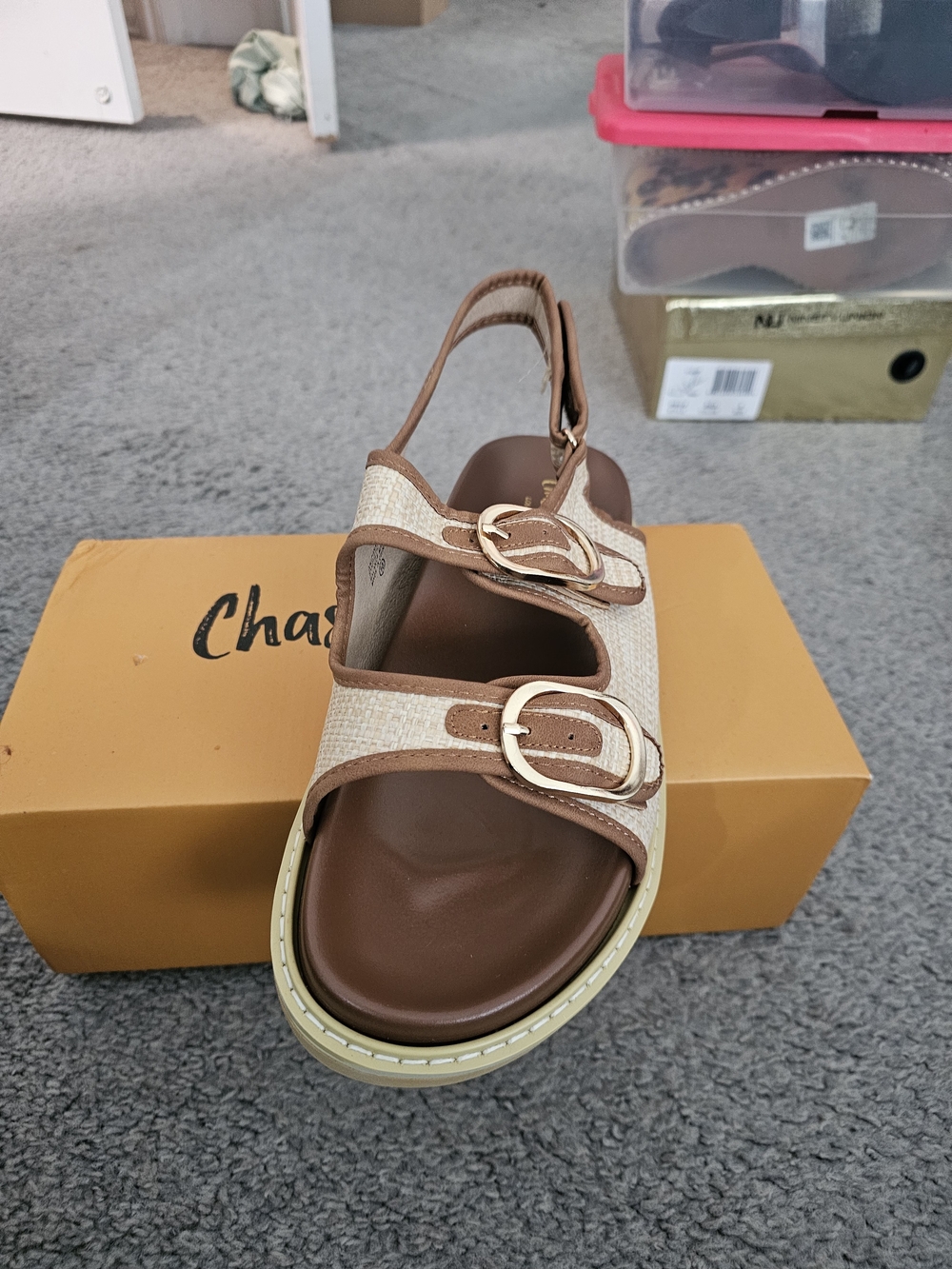 Chase + Chloe Two-Tone Cream and Brown Buckle Slingback Sandals